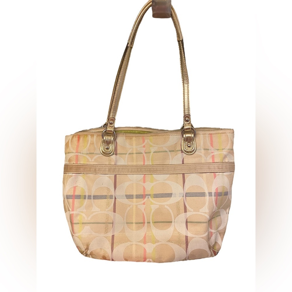 COACH handbag shoulder purse two straps champagne beige multi color logo print - Picture 2 of 8